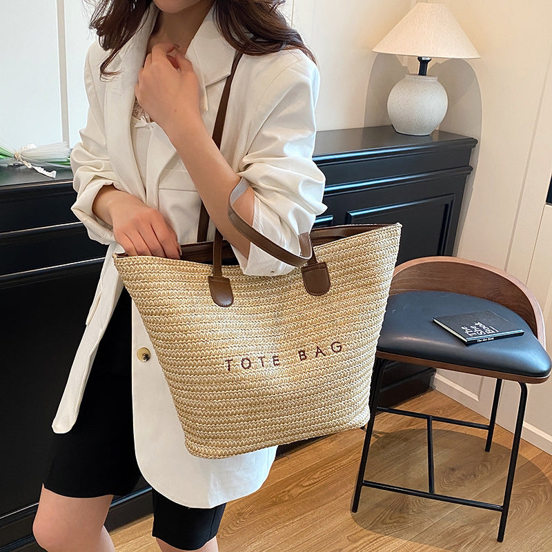 New Trendy Straw Tote Bag Fashion Letter Woven Shoulder Bag Beach Vacation Beach Bag