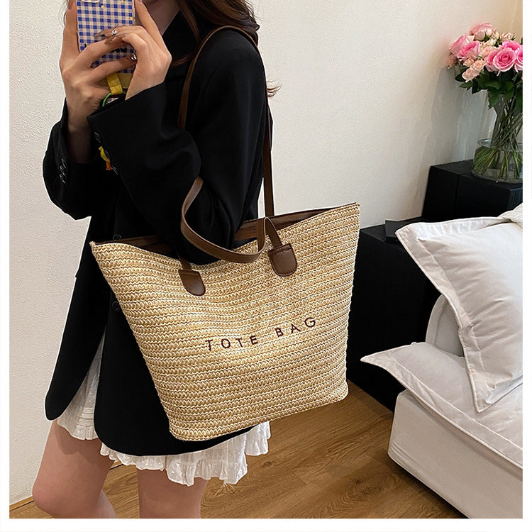 New Trendy Straw Tote Bag Fashion Letter Woven Shoulder Bag Beach Vacation Beach Bag