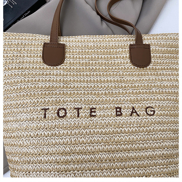 New Trendy Straw Tote Bag Fashion Letter Woven Shoulder Bag Beach Vacation Beach Bag