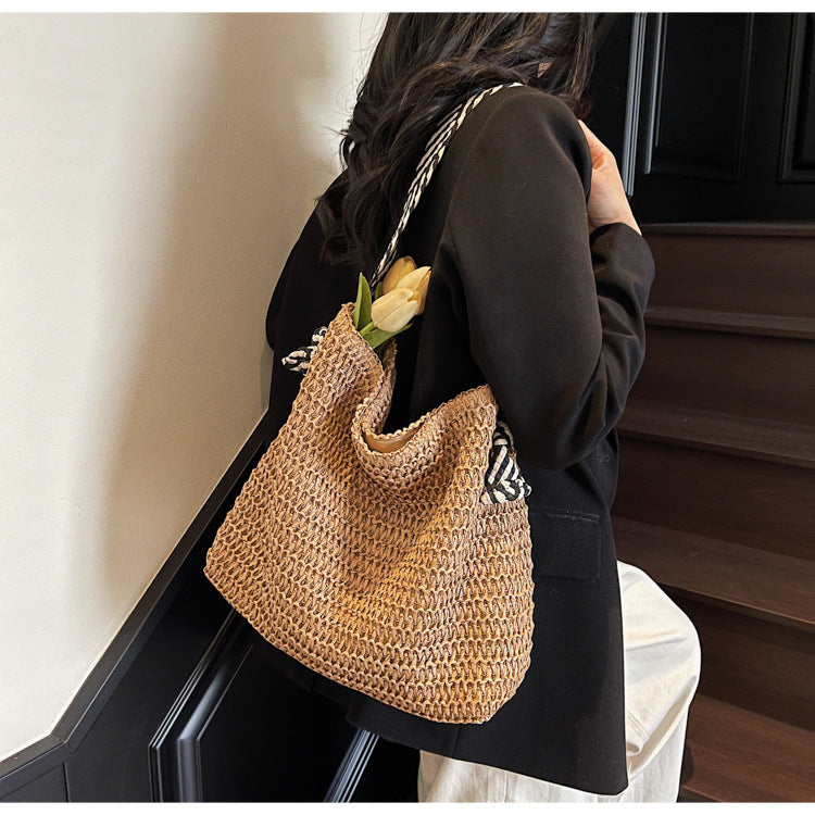 New Trendy Woven Shoulder Tote Bag Beach Vacation Beach Bag