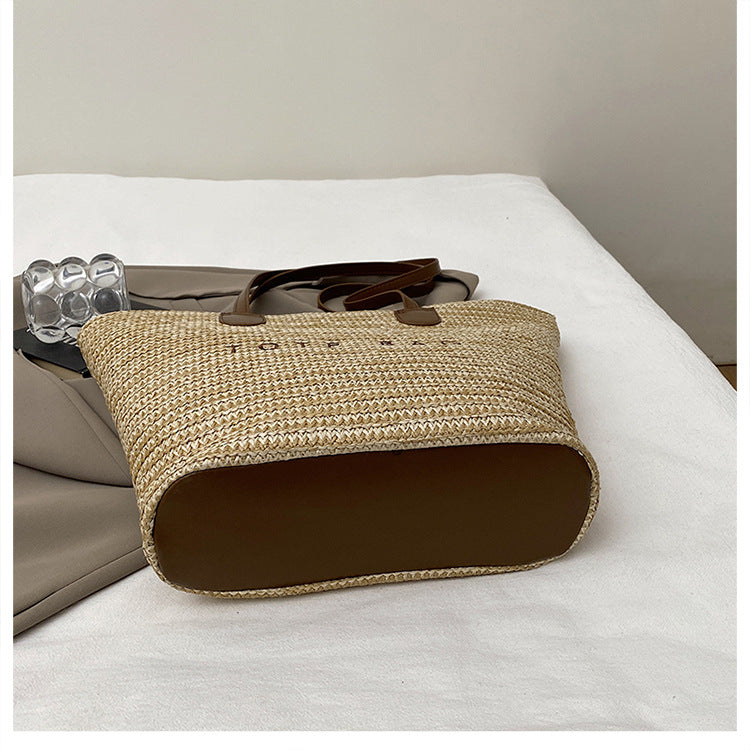 New Trendy Straw Tote Bag Fashion Letter Woven Shoulder Bag Beach Vacation Beach Bag