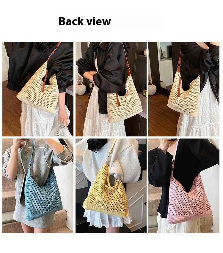 Large Capacity Cotton Thread Woven Underarm Bag Hollow Out Seaside Vacation Beach Travel Shoulder Bag
