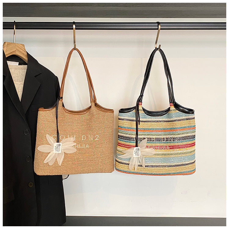 Spliced Large Capacity Straw Tote Bag. Beach Vacation Beach Woven Commuter Shoulder Bag