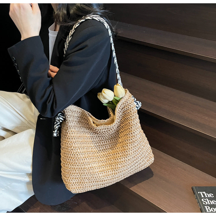 New Trendy Woven Shoulder Tote Bag Beach Vacation Beach Bag