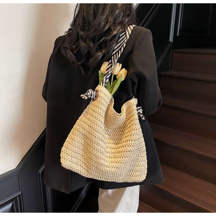 New Trendy Woven Shoulder Tote Bag Beach Vacation Beach Bag