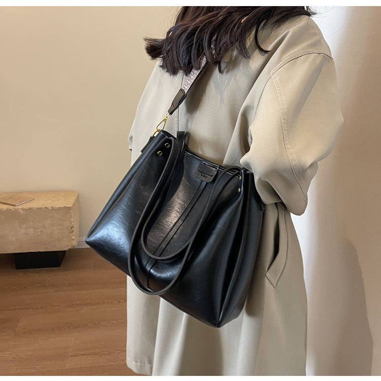 High-Quality Texture Solid Color Crossbody Bag Wide Strap Handbag Trendy Tote Bag