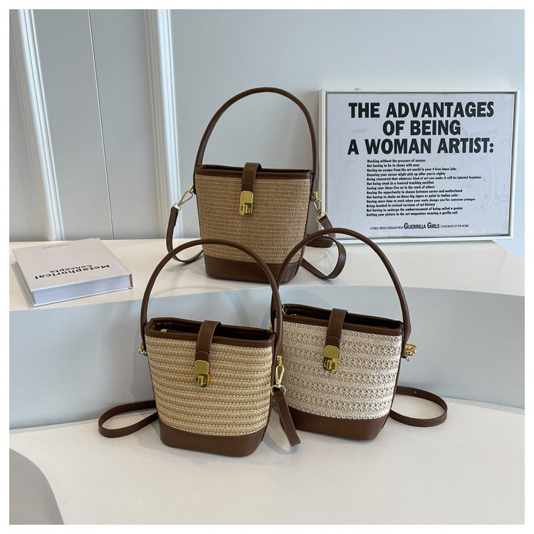 Fashion Handheld Woven Bag. High-Quality Textured Straw Bag, Single Shoulder Crossbody Bag, Casual Bucket Bag