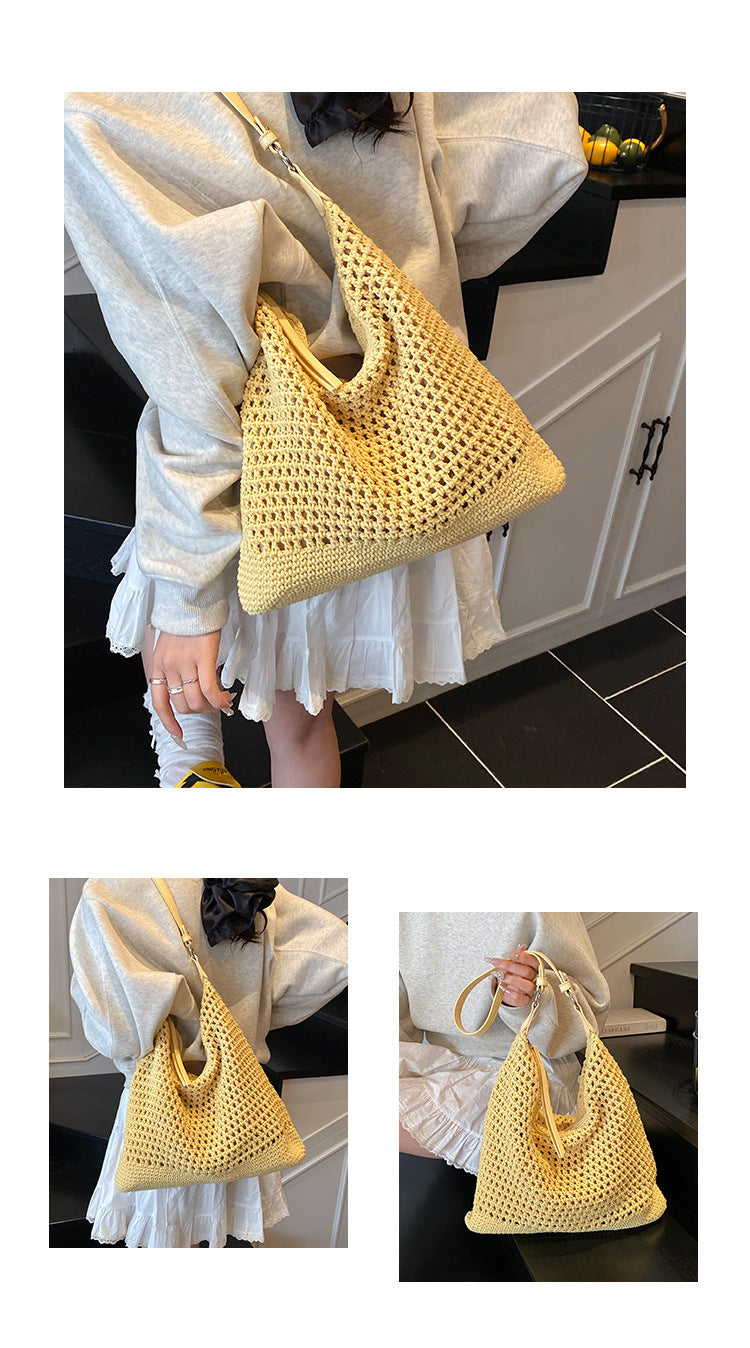 Large Capacity Cotton Thread Woven Underarm Bag Hollow Out Seaside Vacation Beach Travel Shoulder Bag