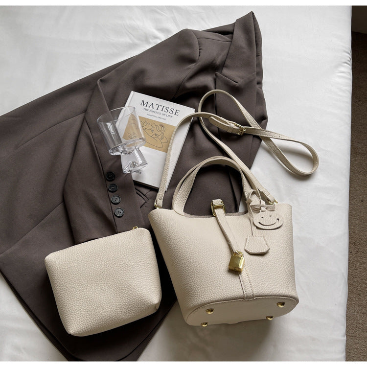 High-end Lychee Pattern Handheld Bucket Bag Fashionable Versatile Shoulder Bag Stylish Casual Crossbody Bag