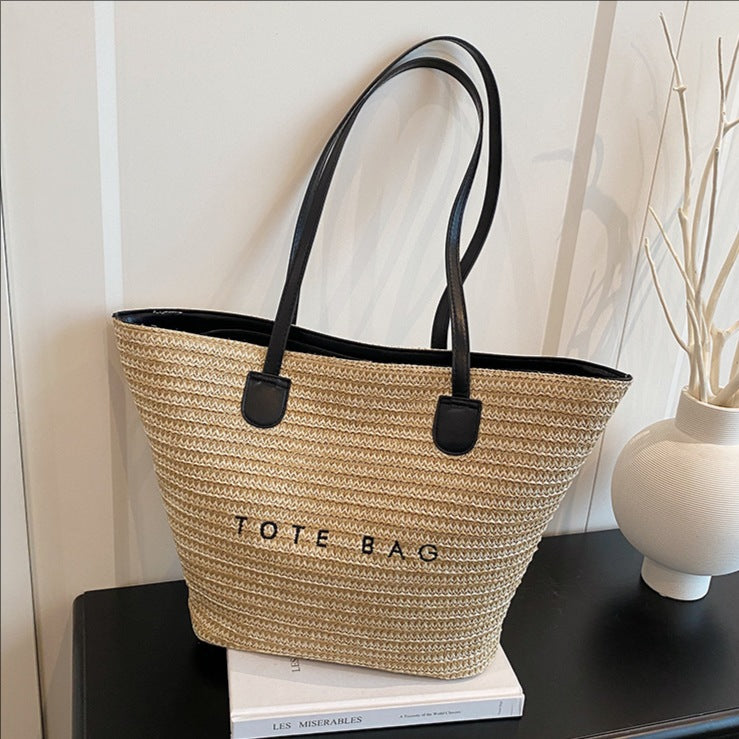 New Trendy Straw Tote Bag Fashion Letter Woven Shoulder Bag Beach Vacation Beach Bag
