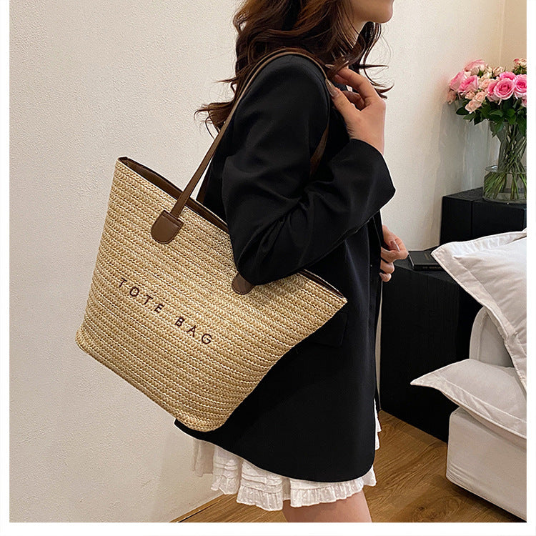 New Trendy Straw Tote Bag Fashion Letter Woven Shoulder Bag Beach Vacation Beach Bag