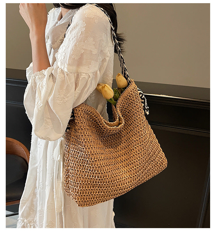 New Trendy Woven Shoulder Tote Bag Beach Vacation Beach Bag
