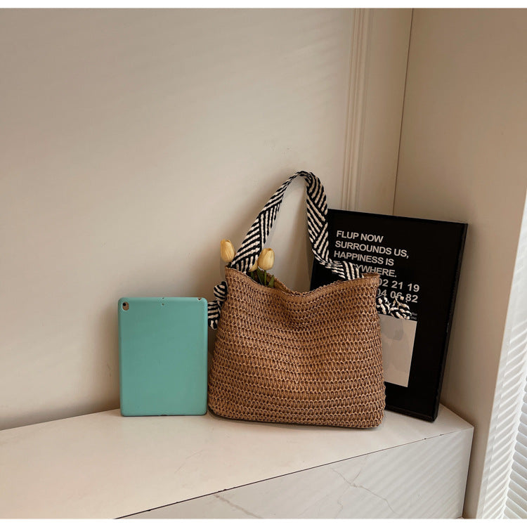 New Trendy Woven Shoulder Tote Bag Beach Vacation Beach Bag