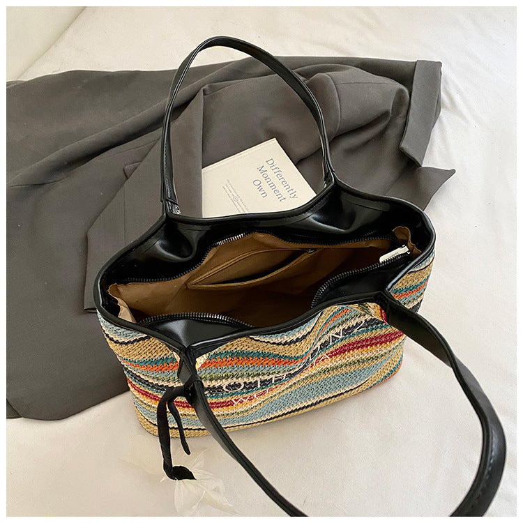 Spliced Large Capacity Straw Tote Bag. Beach Vacation Beach Woven Commuter Shoulder Bag