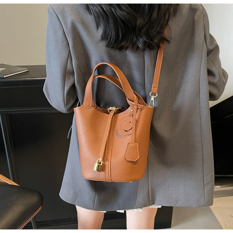 High-end Lychee Pattern Handheld Bucket Bag Fashionable Versatile Shoulder Bag Stylish Casual Crossbody Bag