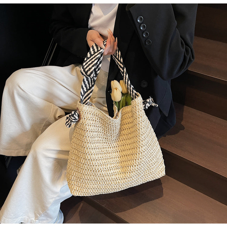New Trendy Woven Shoulder Tote Bag Beach Vacation Beach Bag