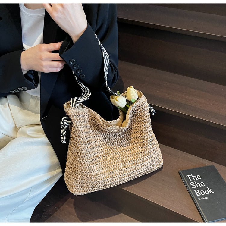New Trendy Woven Shoulder Tote Bag Beach Vacation Beach Bag