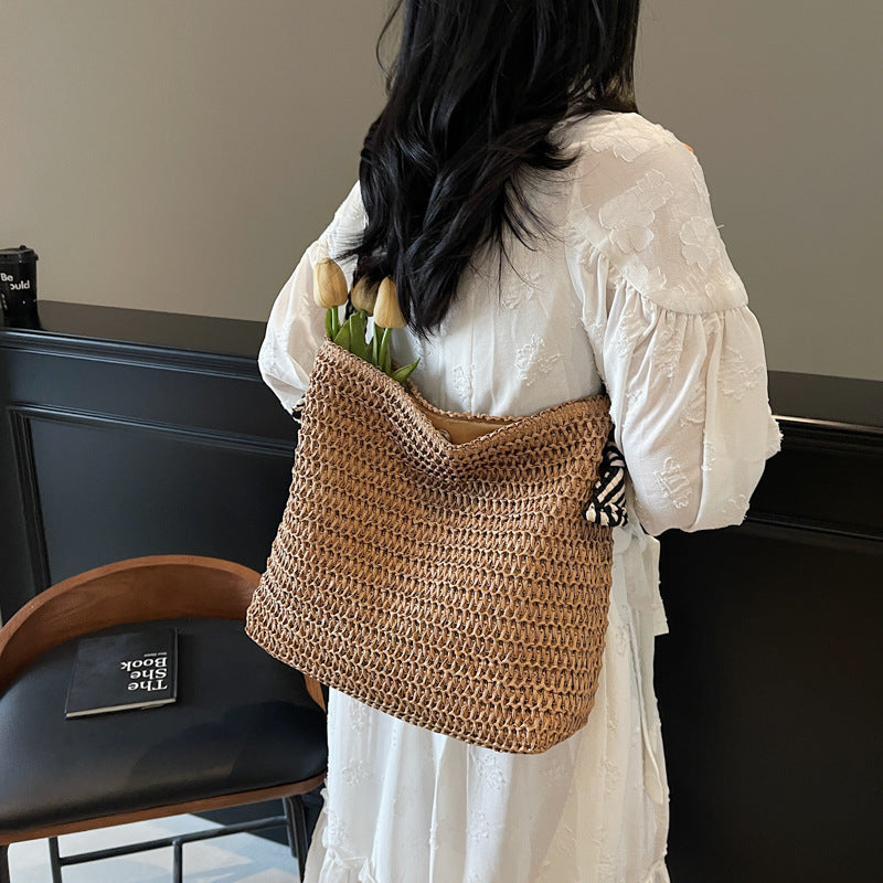 New Trendy Woven Shoulder Tote Bag Beach Vacation Beach Bag