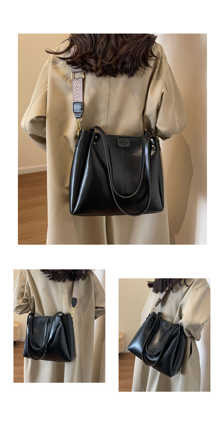 High-Quality Texture Solid Color Crossbody Bag Wide Strap Handbag Trendy Tote Bag