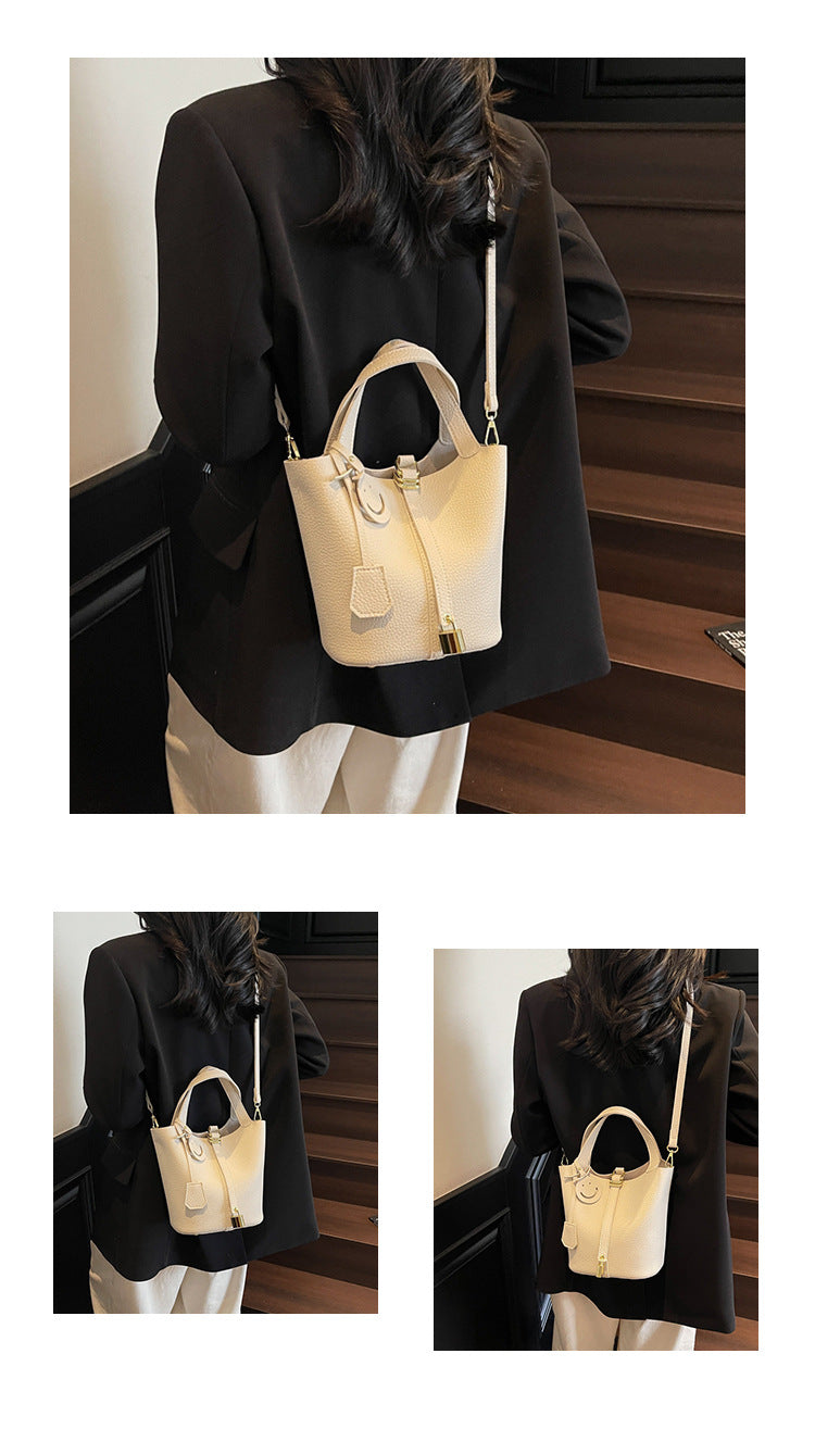 High-end Lychee Pattern Handheld Bucket Bag Fashionable Versatile Shoulder Bag Stylish Casual Crossbody Bag