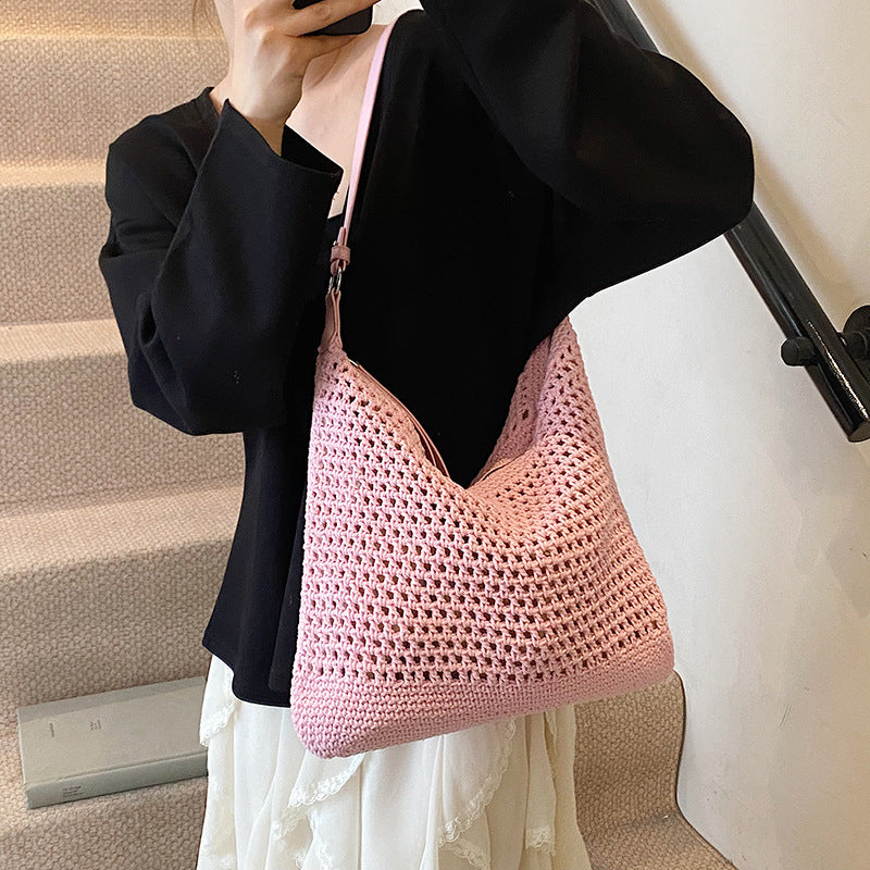 Large Capacity Cotton Thread Woven Underarm Bag Hollow Out Seaside Vacation Beach Travel Shoulder Bag