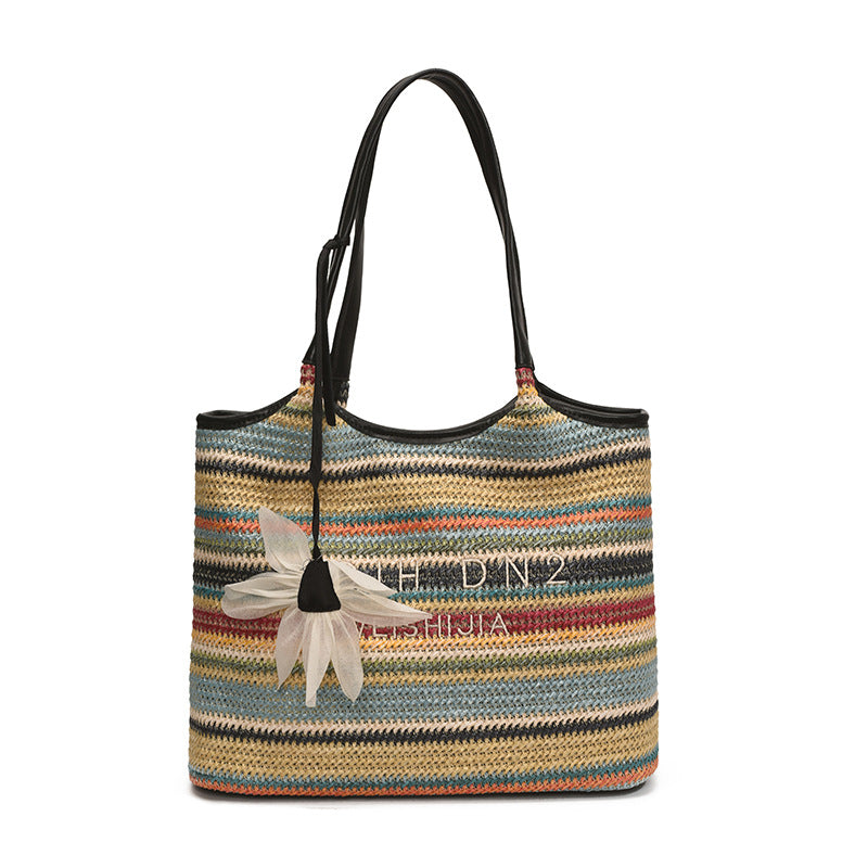 Spliced Large Capacity Straw Tote Bag. Beach Vacation Beach Woven Commuter Shoulder Bag