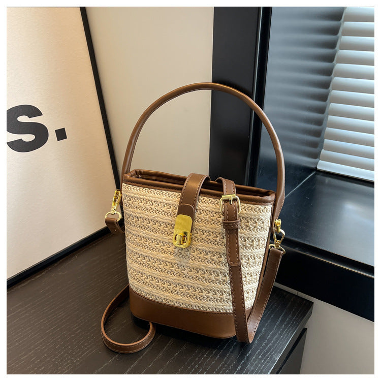 Fashion Handheld Woven Bag. High-Quality Textured Straw Bag, Single Shoulder Crossbody Bag, Casual Bucket Bag