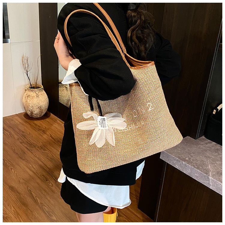 Spliced Large Capacity Straw Tote Bag. Beach Vacation Beach Woven Commuter Shoulder Bag