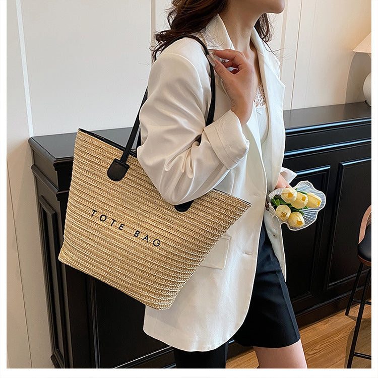 New Trendy Straw Tote Bag Fashion Letter Woven Shoulder Bag Beach Vacation Beach Bag