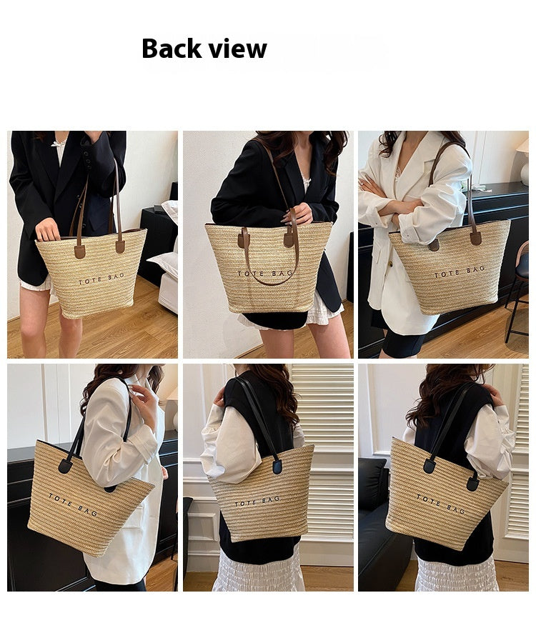New Trendy Straw Tote Bag Fashion Letter Woven Shoulder Bag Beach Vacation Beach Bag