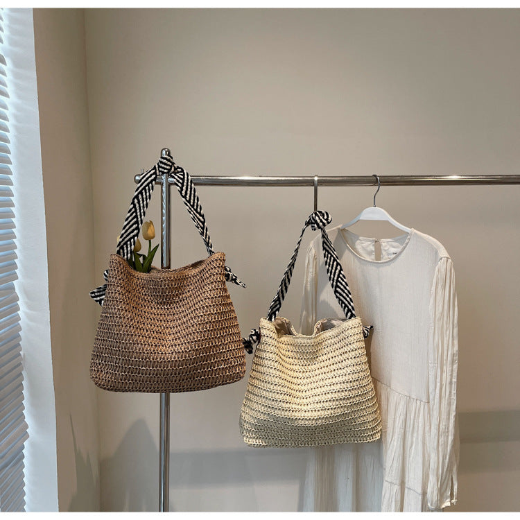 New Trendy Woven Shoulder Tote Bag Beach Vacation Beach Bag