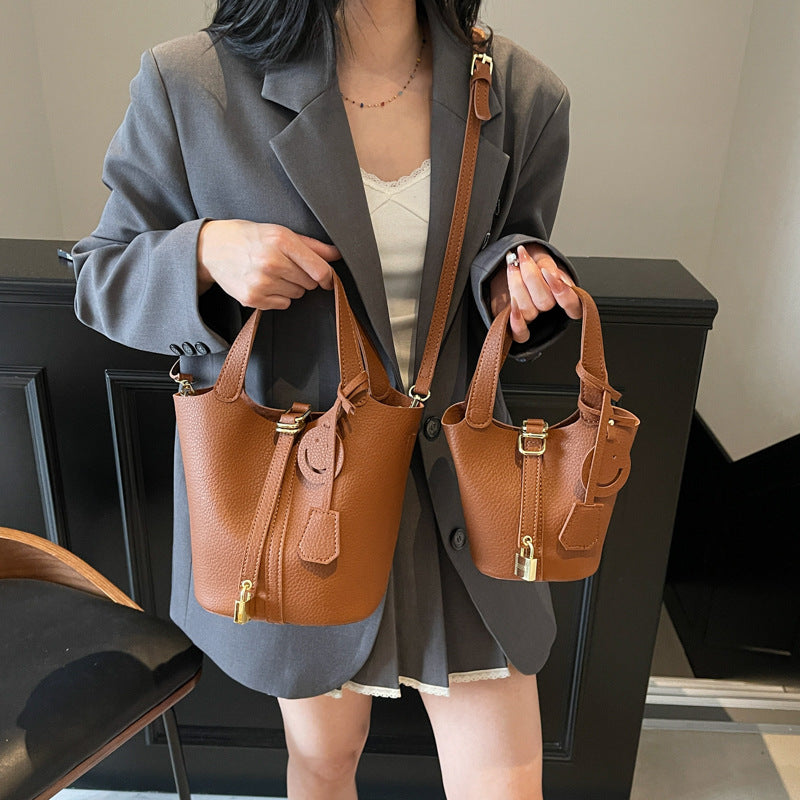 High-end Lychee Pattern Handheld Bucket Bag Fashionable Versatile Shoulder Bag Stylish Casual Crossbody Bag