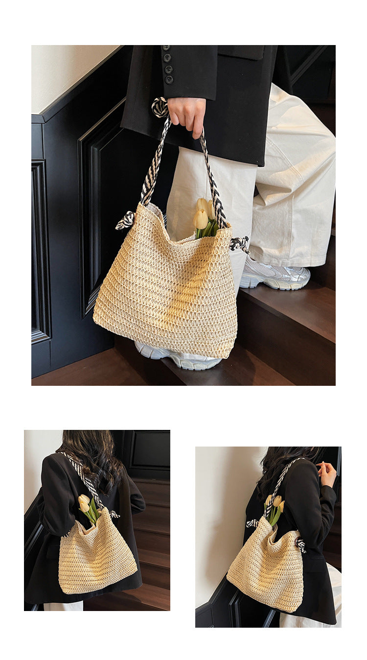 New Trendy Woven Shoulder Tote Bag Beach Vacation Beach Bag