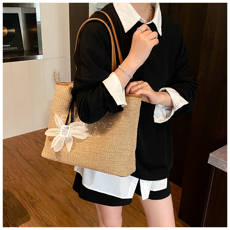 Spliced Large Capacity Straw Tote Bag. Beach Vacation Beach Woven Commuter Shoulder Bag