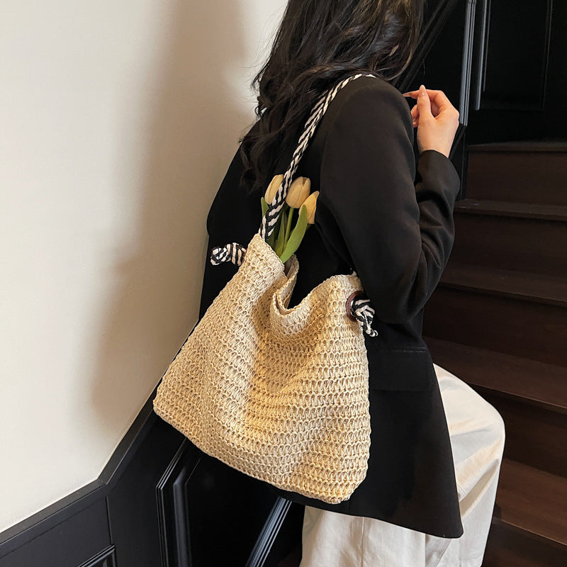 New Trendy Woven Shoulder Tote Bag Beach Vacation Beach Bag