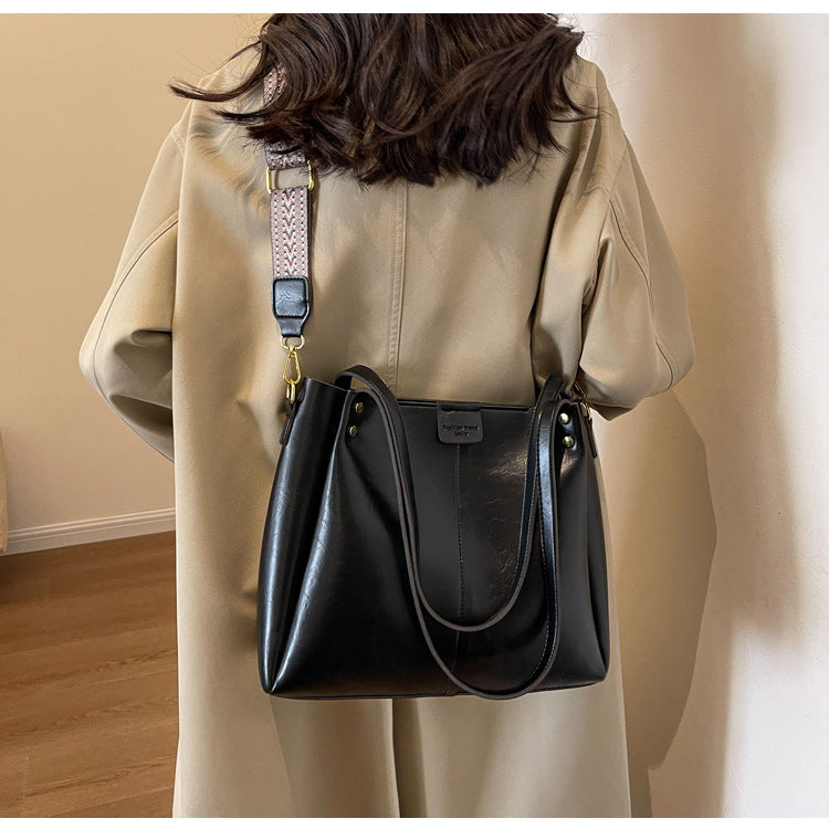 High-Quality Texture Solid Color Crossbody Bag Wide Strap Handbag Trendy Tote Bag