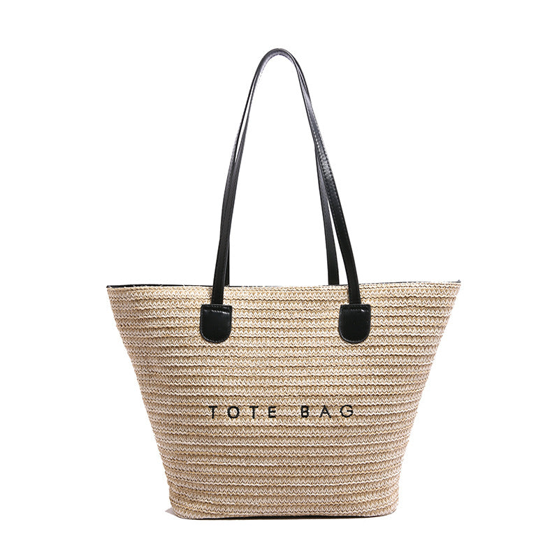 New Trendy Straw Tote Bag Fashion Letter Woven Shoulder Bag Beach Vacation Beach Bag