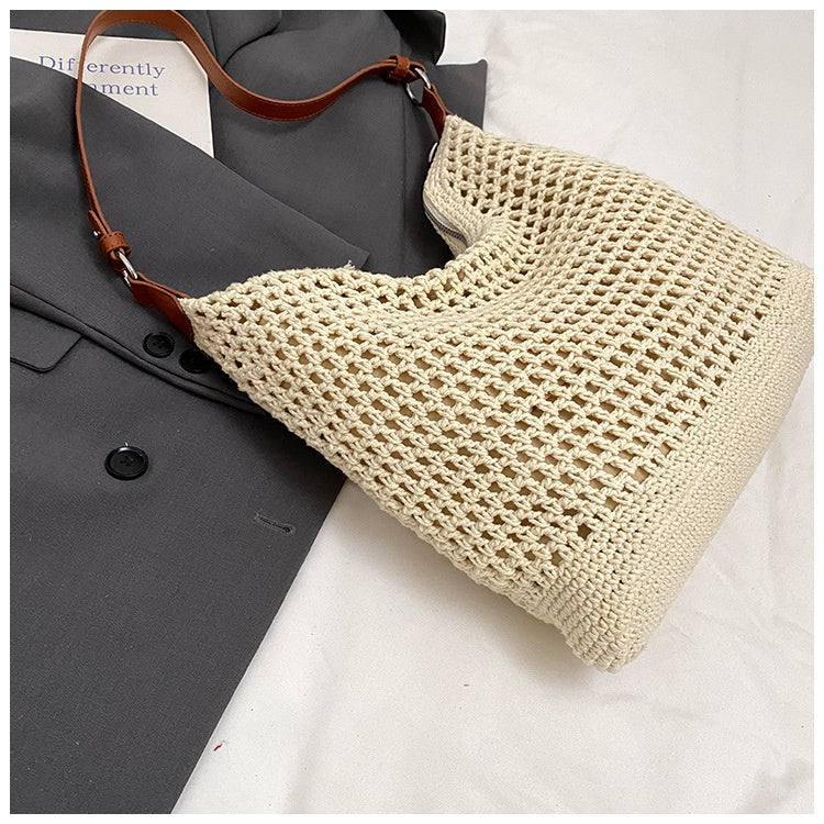 Large Capacity Cotton Thread Woven Underarm Bag Hollow Out Seaside Vacation Beach Travel Shoulder Bag