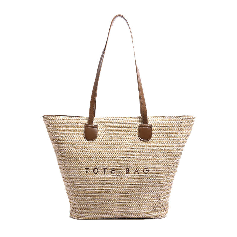 New Trendy Straw Tote Bag Fashion Letter Woven Shoulder Bag Beach Vacation Beach Bag