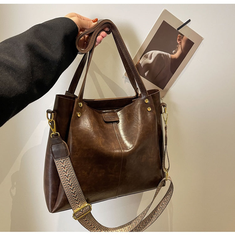 High-Quality Texture Solid Color Crossbody Bag Wide Strap Handbag Trendy Tote Bag