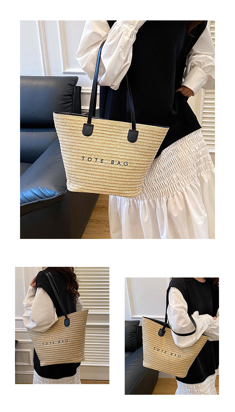New Trendy Straw Tote Bag Fashion Letter Woven Shoulder Bag Beach Vacation Beach Bag