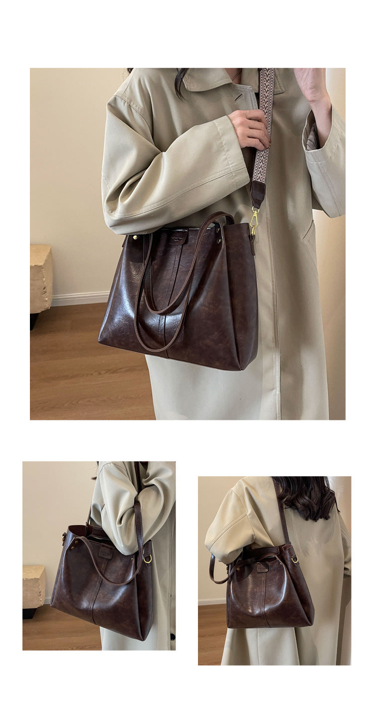High-Quality Texture Solid Color Crossbody Bag Wide Strap Handbag Trendy Tote Bag