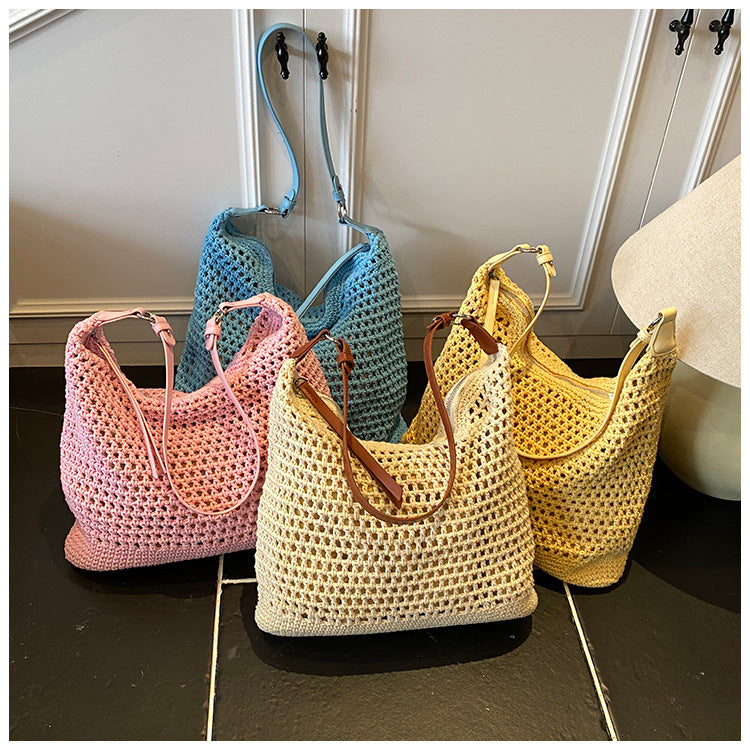 Large Capacity Cotton Thread Woven Underarm Bag Hollow Out Seaside Vacation Beach Travel Shoulder Bag