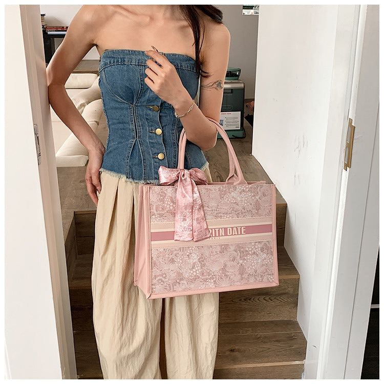 Large Capacity Embroidered Tote Bag Advanced Texture Niche Commuter Hand-Carrying Bag Shoulder Messenger Bag Casual Big Bag