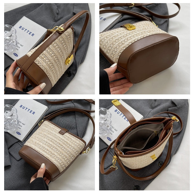 Fashion Handheld Woven Bag. High-Quality Textured Straw Bag, Single Shoulder Crossbody Bag, Casual Bucket Bag