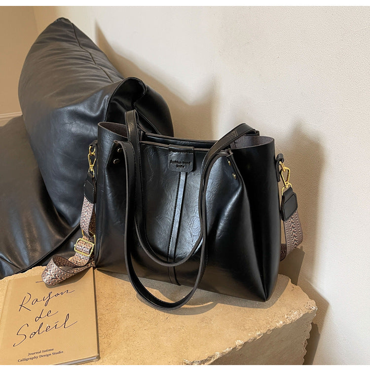 High-Quality Texture Solid Color Crossbody Bag Wide Strap Handbag Trendy Tote Bag