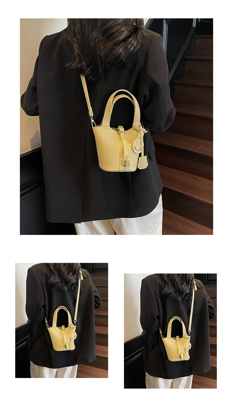 High-end Lychee Pattern Handheld Bucket Bag Fashionable Versatile Shoulder Bag Stylish Casual Crossbody Bag