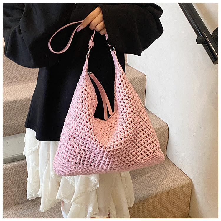Large Capacity Cotton Thread Woven Underarm Bag Hollow Out Seaside Vacation Beach Travel Shoulder Bag