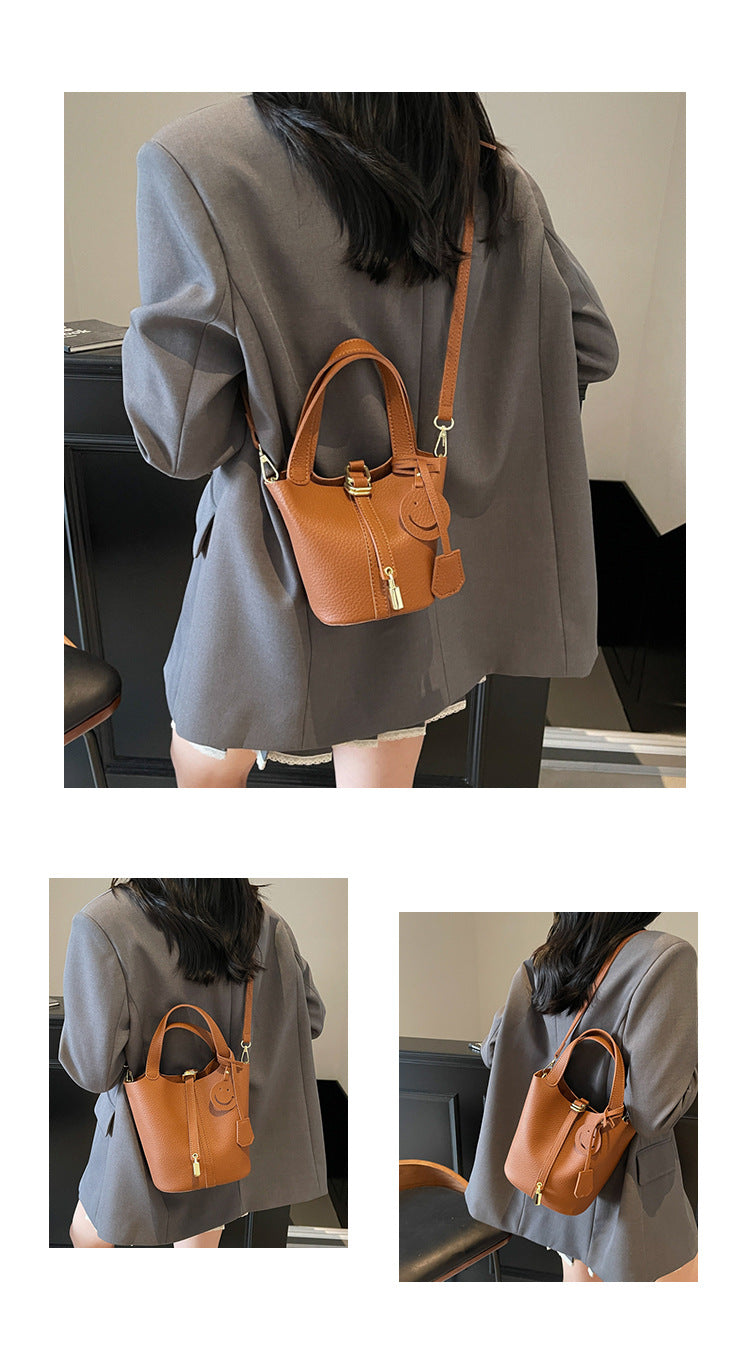 High-end Lychee Pattern Handheld Bucket Bag Fashionable Versatile Shoulder Bag Stylish Casual Crossbody Bag