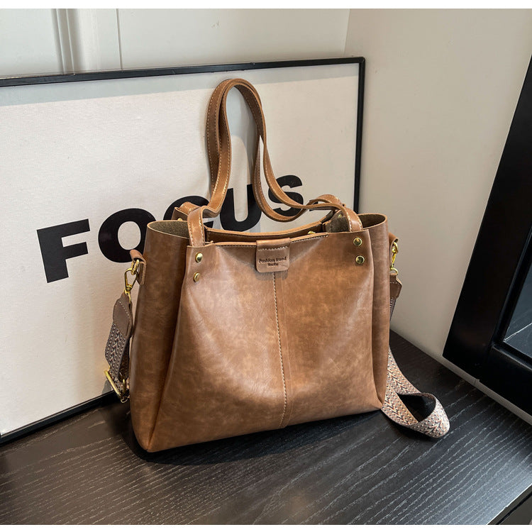 High-Quality Texture Solid Color Crossbody Bag Wide Strap Handbag Trendy Tote Bag